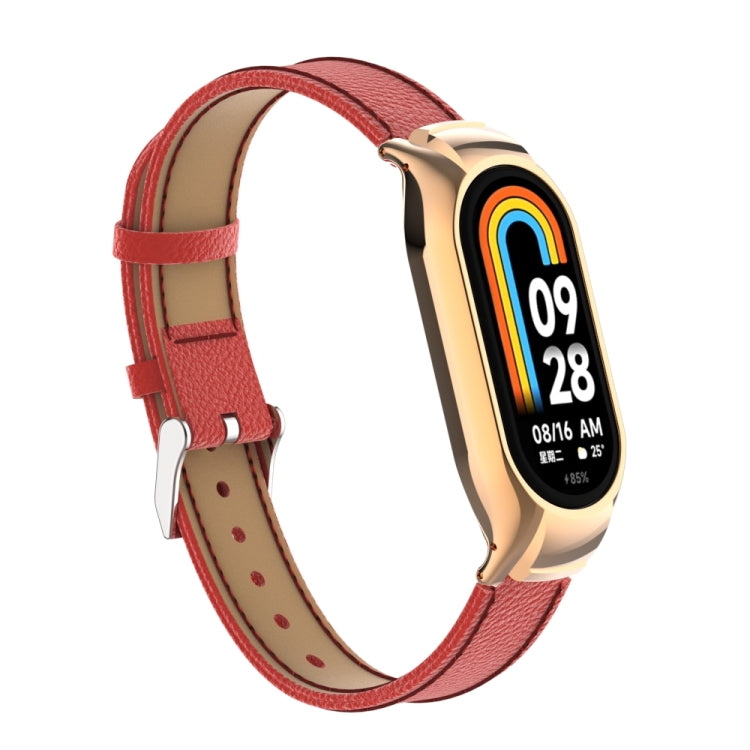 For Xiaomi Mi Band 8 Integrated Metal Case + Litchi Texture Leather Watch Band(Red) - Smart Wear by PMC Jewellery | Online Shopping South Africa | PMC Jewellery