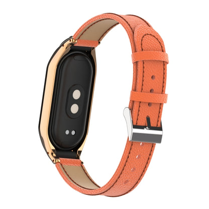 For Xiaomi Mi Band 8 Integrated Metal Case + Litchi Texture Leather Watch Band(Orange) - Smart Wear by PMC Jewellery | Online Shopping South Africa | PMC Jewellery