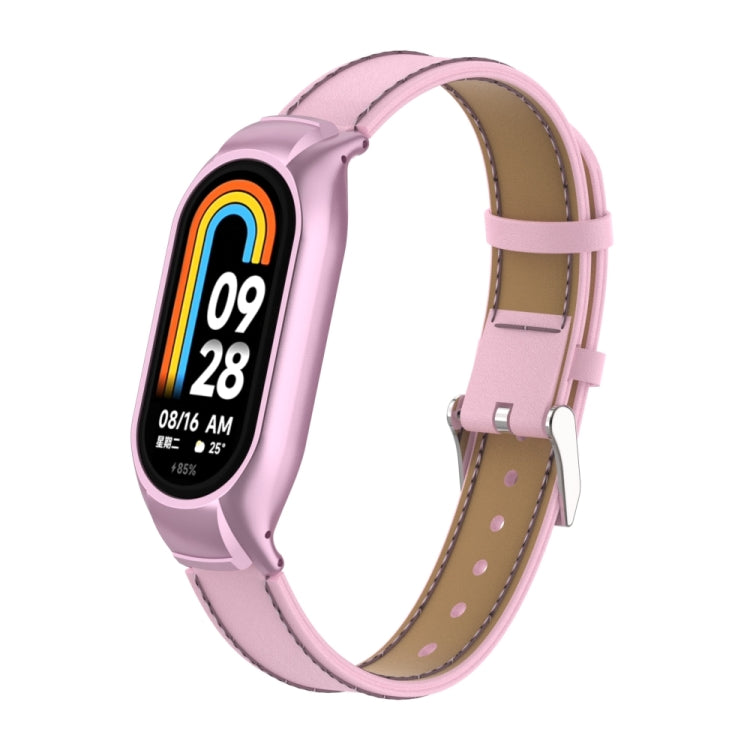 For Xiaomi Mi Band 8 Integrated Metal Case + Microfiber Sewing Leather Watch Band(Pink) - Smart Wear by PMC Jewellery | Online Shopping South Africa | PMC Jewellery