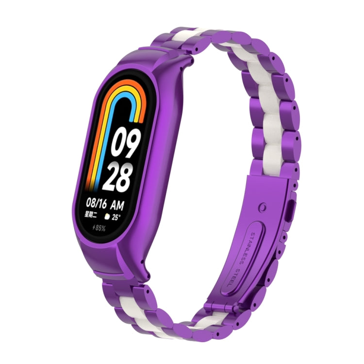 For Xiaomi Mi Band 8 Integrated Metal Case + Three-bead Watch Band(Purple+White) - Smart Wear by PMC Jewellery | Online Shopping South Africa | PMC Jewellery