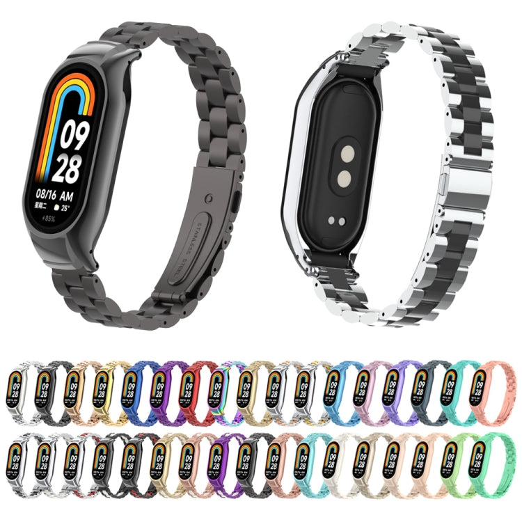 For Xiaomi Mi Band 8 Integrated Metal Case + Three-bead Watch Band(Champagne+White) - Smart Wear by PMC TechLife | Online Shopping South Africa | PMC TechLife
