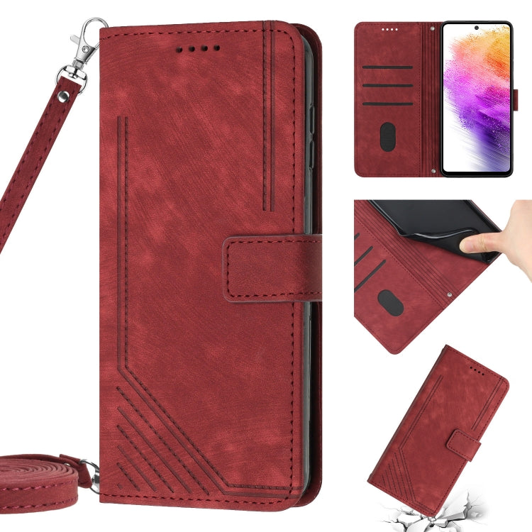 For Samsung Galaxy A03 EU 166mm Skin Feel Stripe Pattern Leather Phone Case with Lanyard(Red) - free shipping - PMC TechLife - Order now!