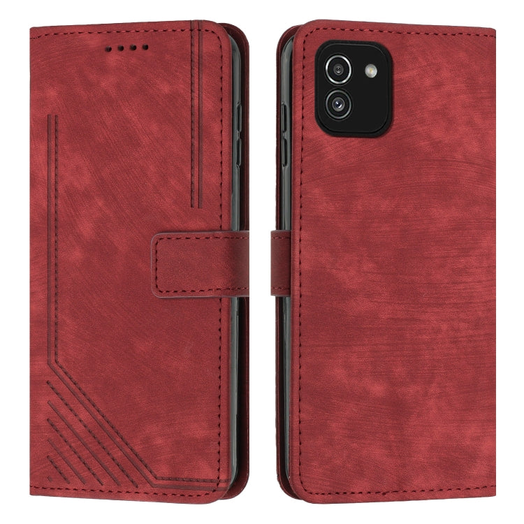 For Samsung Galaxy A03 EU 166mm Skin Feel Stripe Pattern Leather Phone Case with Lanyard(Red) - free shipping - PMC TechLife - Order now!