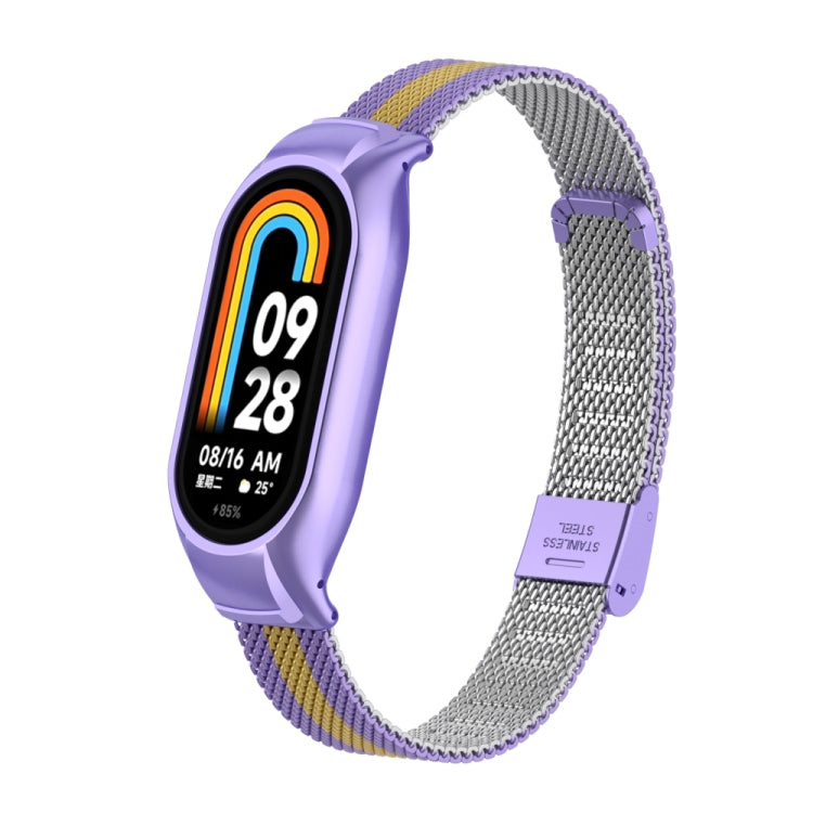 For Xiaomi Mi Band 8 Integrated Metal Case + Steel Mesh Buckle Watch Band(Purple+Gold) - Smart Wear by PMC Jewellery | Online Shopping South Africa | PMC Jewellery