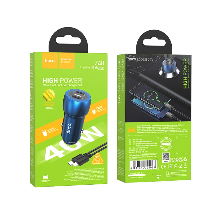 hoco Z48 Tough 40W Dual USB-C / Type-C Port Car Charger with Type-C to 8 Pin Cable(Sapphire Blue) - Car Charger by hoco | Online Shopping South Africa | PMC Jewellery