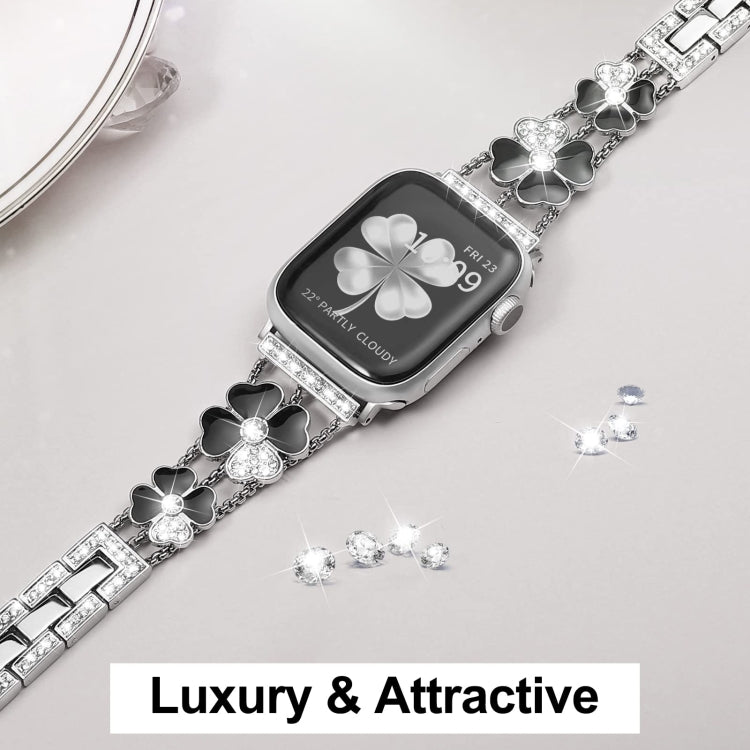 For Apple Watch 8 45mm Petal Metal Diamond Watch Band(Sliver+Black) -  by PMC Jewellery | Online Shopping South Africa | PMC Jewellery