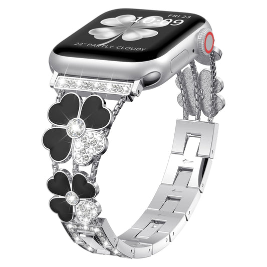 For Apple Watch 42mm Petal Metal Diamond Watch Band(Silver+Black) - Watch Bands by PMC Jewellery | Online Shopping South Africa | PMC Jewellery