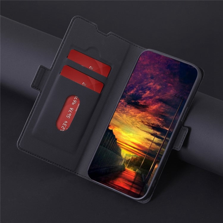 For OPPO A38 4G / A18 4G Twill Texture Side Button Leather Phone Case(Black) - OPPO Cases by PMC TechLife | Online Shopping South Africa | PMC TechLife | Buy Now Pay Later Mobicred