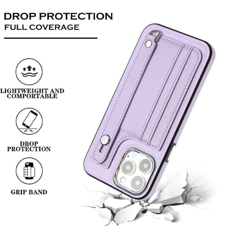 For iPhone 14 Pro Max Shockproof Leather Phone Case with Wrist Strap(Purple) - iPhone 14 Pro Max Cases by PMC Jewellery | Online Shopping South Africa | PMC Jewellery