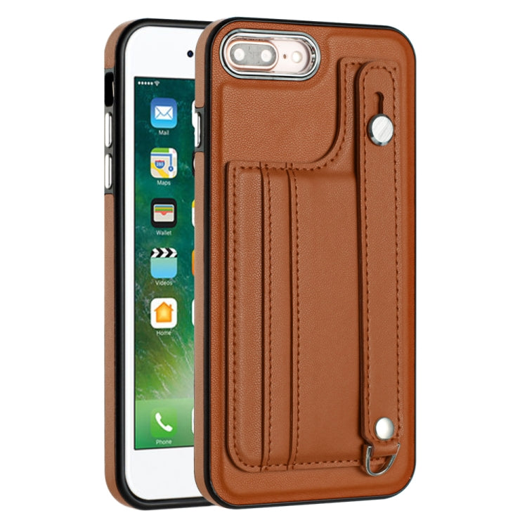 For iPhone 6 Plus/7 Plus/8 Plus Shockproof Leather Phone Case with Wrist Strap(Brown) - More iPhone Cases by PMC Jewellery | Online Shopping South Africa | PMC Jewellery