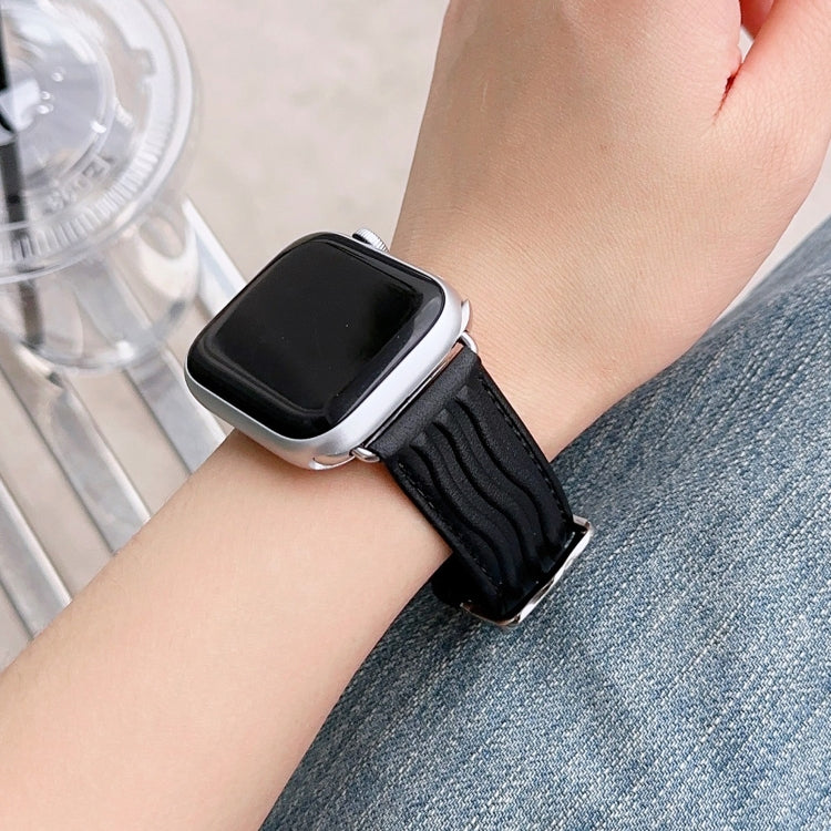 Embossed Line Genuine Leather Watch Band For Apple Watch 8 41mm(Black) - Watch Bands by PMC TechLife | Online Shopping South Africa | PMC TechLife