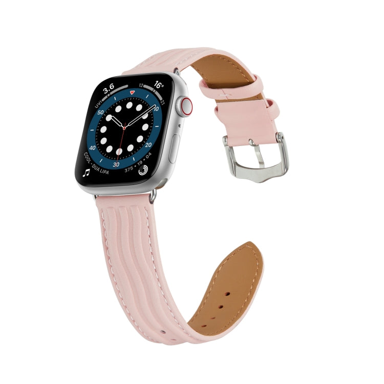 Embossed Line Genuine Leather Watch Band For Apple Watch 8 41mm(Pink) - Watch Bands by PMC TechLife | Online Shopping South Africa | PMC TechLife