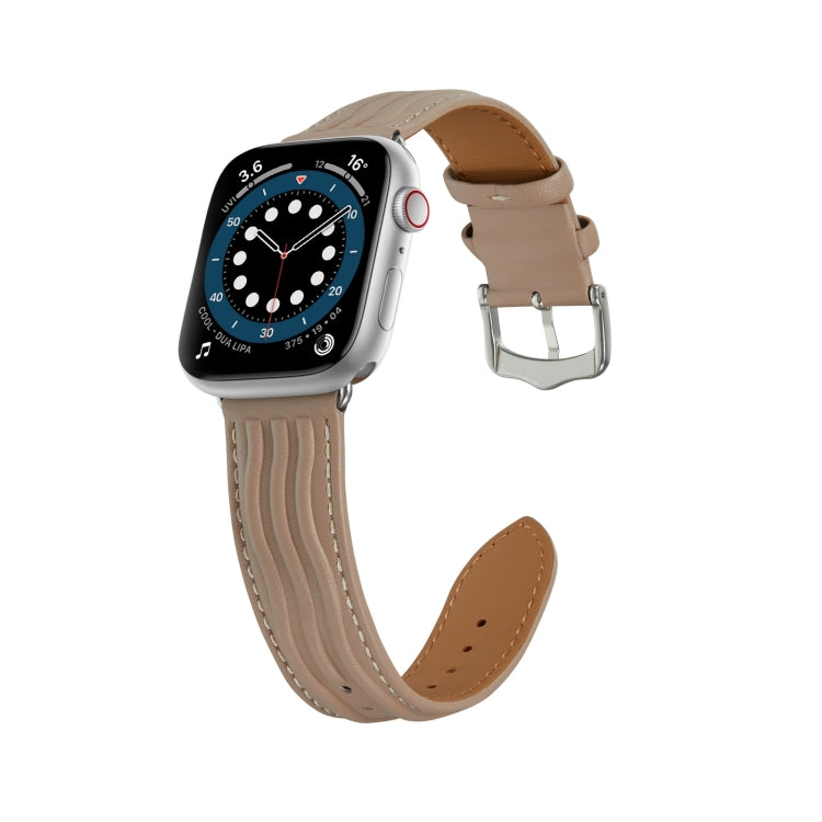 Embossed Line Genuine Leather Watch Band For Apple Watch 8 41mm(Milky Brown) - Watch Bands by PMC TechLife | Online Shopping South Africa | PMC TechLife