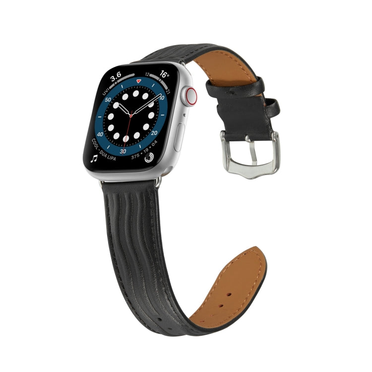 Embossed Line Genuine Leather Watch Band For Apple Watch 8 45mm(Black) - Watch Bands by PMC TechLife | Online Shopping South Africa | PMC TechLife