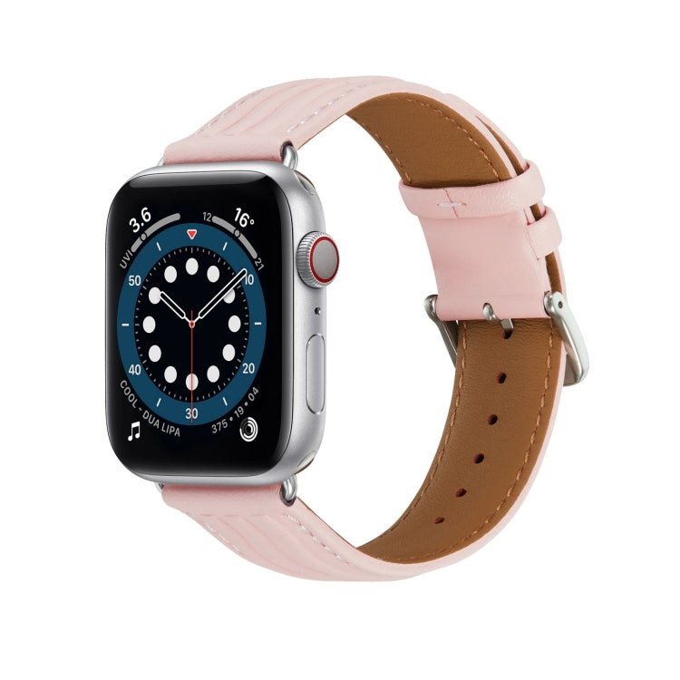 Embossed Line Genuine Leather Watch Band For Apple Watch 8 45mm(Pink) - Watch Bands by PMC Jewellery | Online Shopping South Africa | PMC Jewellery