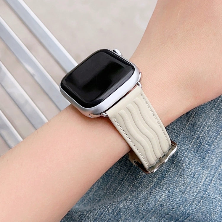 Embossed Line Genuine Leather Watch Band For Apple Watch 8 45mm(Milky White) - Watch Bands by PMC TechLife | Online Shopping South Africa | PMC TechLife