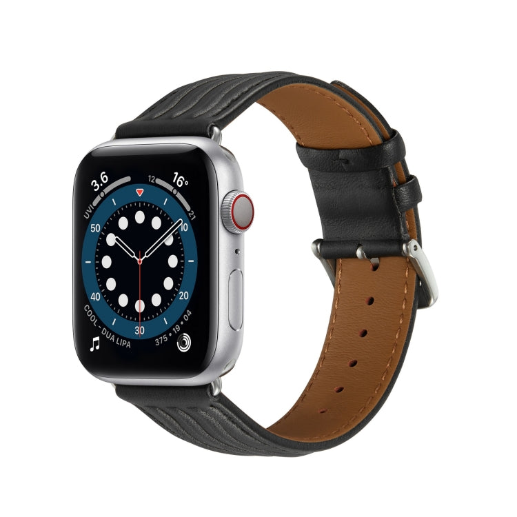 Embossed Line Genuine Leather Watch Band For Apple Watch 7 41mm(Black) - Watch Bands by PMC TechLife | Online Shopping South Africa | PMC TechLife