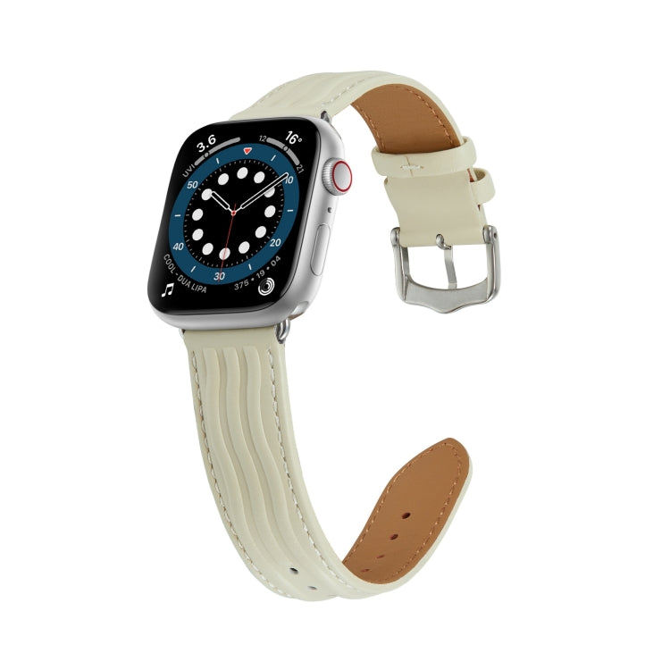 Embossed Line Genuine Leather Watch Band For Apple Watch 7 41mm(Milky White) - Watch Bands by PMC TechLife | Online Shopping South Africa | PMC TechLife