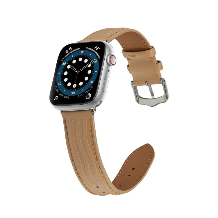 Embossed Line Genuine Leather Watch Band For Apple Watch 7 45mm(Khaki) - Watch Bands by PMC TechLife | Online Shopping South Africa | PMC TechLife