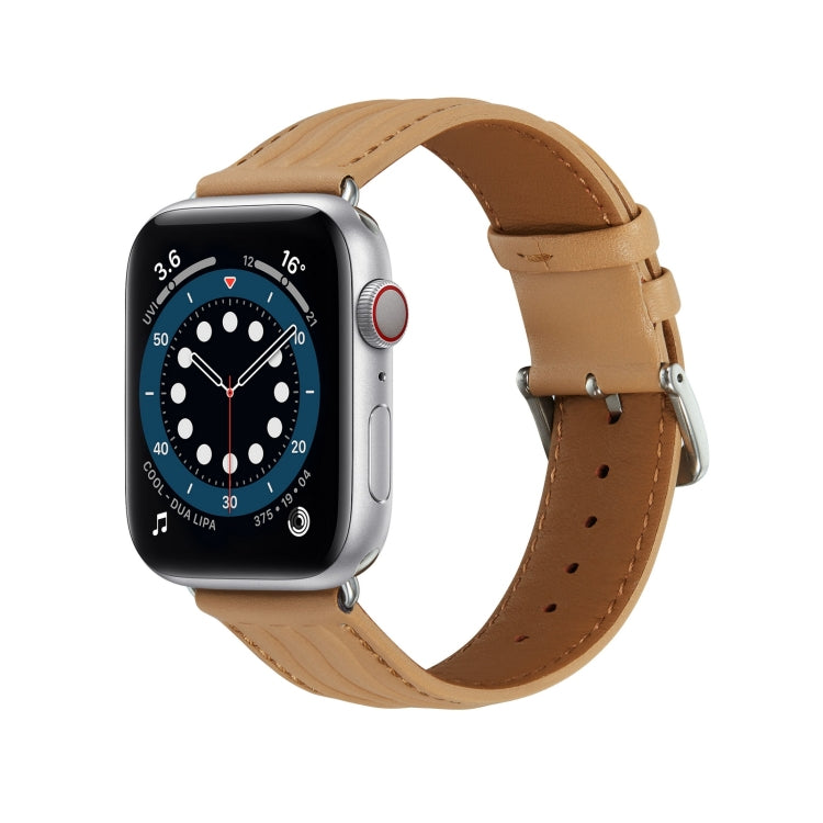 Embossed Line Genuine Leather Watch Band For Apple Watch 5 44mm(Khaki) - Watch Bands by PMC TechLife | Online Shopping South Africa | PMC TechLife