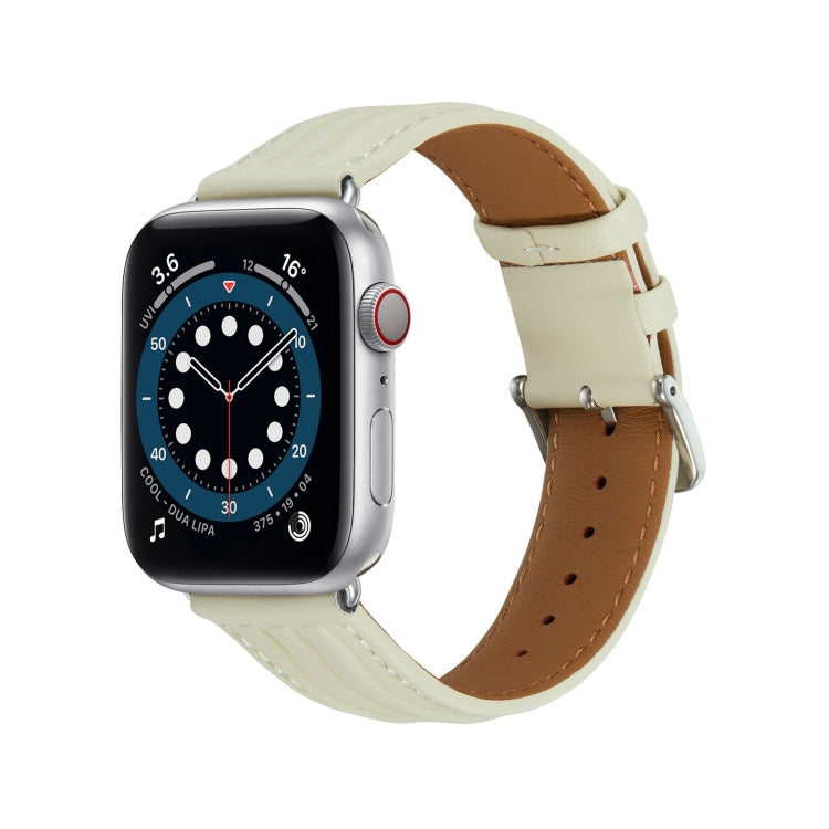 Embossed Line Genuine Leather Watch Band For Apple Watch 4 40mm(Milky White) - Watch Bands by PMC TechLife | Online Shopping South Africa | PMC TechLife