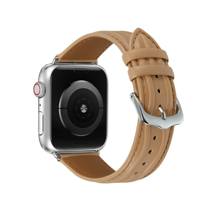 Embossed Line Genuine Leather Watch Band For Apple Watch 42mm(Khaki) - Watch Bands by PMC TechLife | Online Shopping South Africa | PMC TechLife