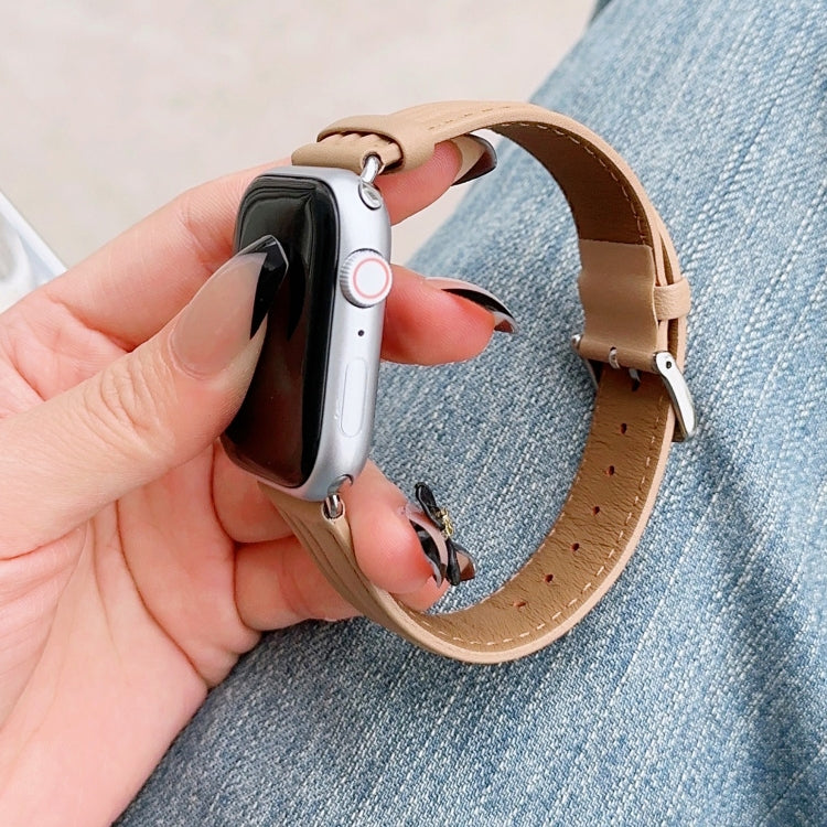 Embossed Line Genuine Leather Watch Band For Apple Watch 42mm(Khaki) - Watch Bands by PMC TechLife | Online Shopping South Africa | PMC TechLife