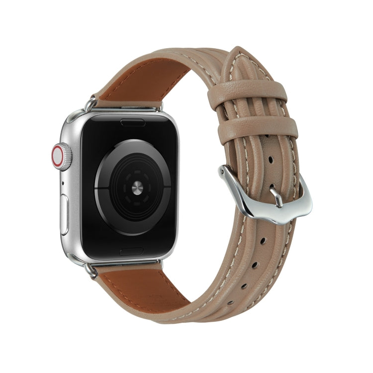 Embossed Line Genuine Leather Watch Band For Apple Watch 38mm(Milky Brown) - Watch Bands by PMC TechLife | Online Shopping South Africa | PMC TechLife