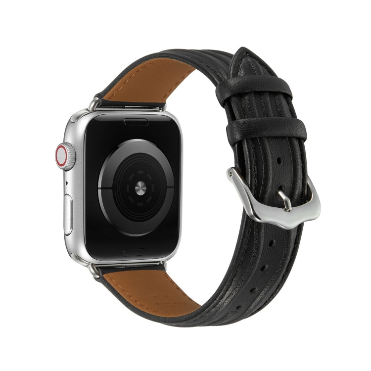 Embossed Line Genuine Leather Watch Band For Apple Watch 9 45mm(Black) - Watch Bands by PMC TechLife | Online Shopping South Africa | PMC TechLife