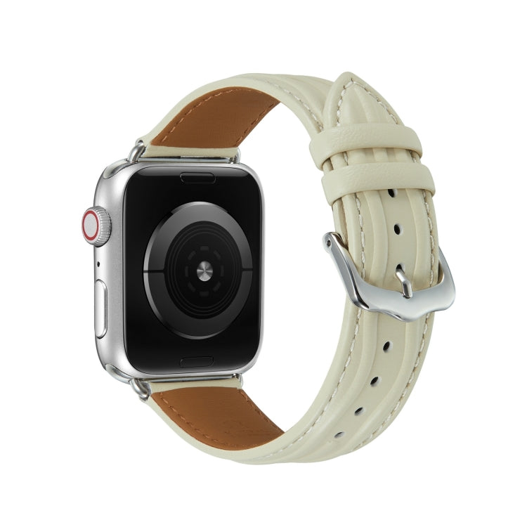 Embossed Line Genuine Leather Watch Band For Apple Watch 9 45mm(Milky White) - Watch Bands by PMC TechLife | Online Shopping South Africa | PMC TechLife