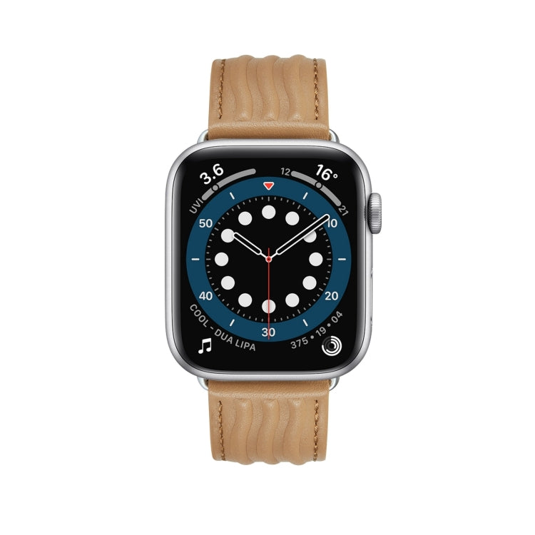 Embossed Line Genuine Leather Watch Band For Apple Watch 9 41mm(Khaki) - Watch Bands by PMC TechLife | Online Shopping South Africa | PMC TechLife