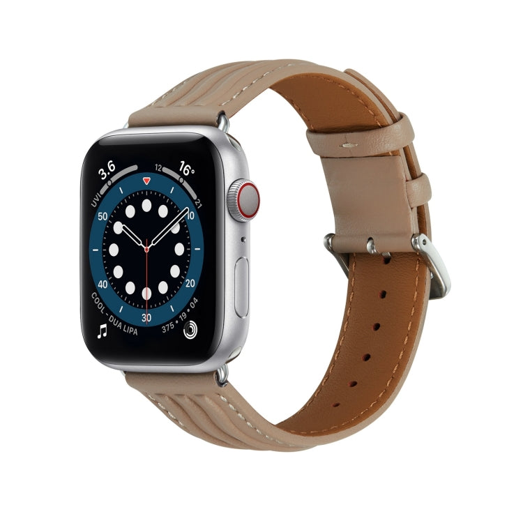 Embossed Line Genuine Leather Watch Band For Apple Watch 9 41mm(Milky Brown) - Watch Bands by PMC TechLife | Online Shopping South Africa | PMC TechLife
