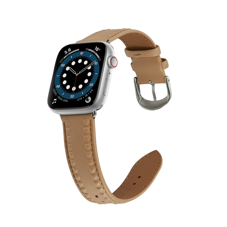 Embossed Love Genuine Leather Watch Band For Apple Watch 8 45mm(Khaki) - Watch Bands by PMC TechLife | Online Shopping South Africa | PMC TechLife