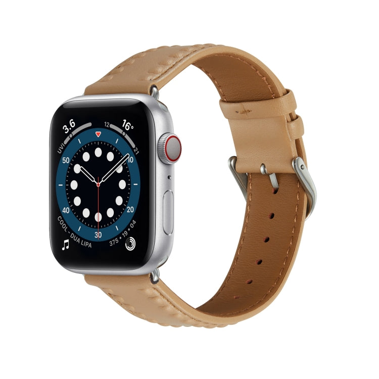 Embossed Love Genuine Leather Watch Band For Apple Watch 7 41mm(Khaki) - Watch Bands by PMC TechLife | Online Shopping South Africa | PMC TechLife