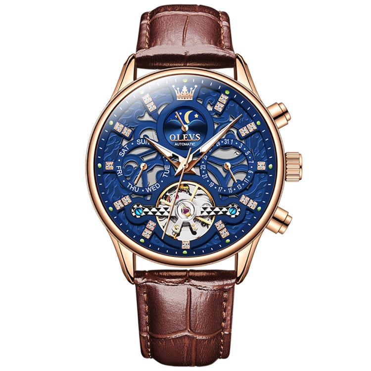 OLEVS 6658 Men Luminous Waterproof Leather Strap Mechanical Watch(Blue + Rose Gold) - Leather Strap Watches by OLEVS | Online Shopping South Africa | PMC Jewellery | Buy Now Pay Later Mobicred