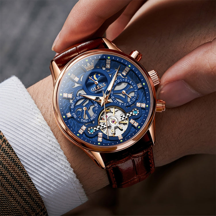 OLEVS 6658 Men Luminous Waterproof Leather Strap Mechanical Watch(Blue + Rose Gold) - Leather Strap Watches by OLEVS | Online Shopping South Africa | PMC Jewellery | Buy Now Pay Later Mobicred