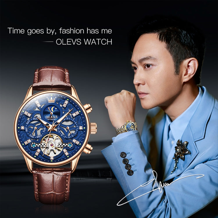 OLEVS 6658 Men Luminous Waterproof Leather Strap Mechanical Watch(Blue + Rose Gold) - Leather Strap Watches by OLEVS | Online Shopping South Africa | PMC Jewellery | Buy Now Pay Later Mobicred