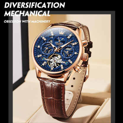 OLEVS 6658 Men Luminous Waterproof Leather Strap Mechanical Watch(Blue + Rose Gold) - Leather Strap Watches by OLEVS | Online Shopping South Africa | PMC Jewellery | Buy Now Pay Later Mobicred