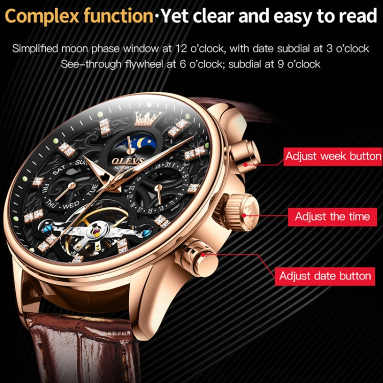 OLEVS 6658 Men Luminous Waterproof Leather Strap Mechanical Watch(Black + Rose Gold) - Leather Strap Watches by OLEVS | Online Shopping South Africa | PMC Jewellery