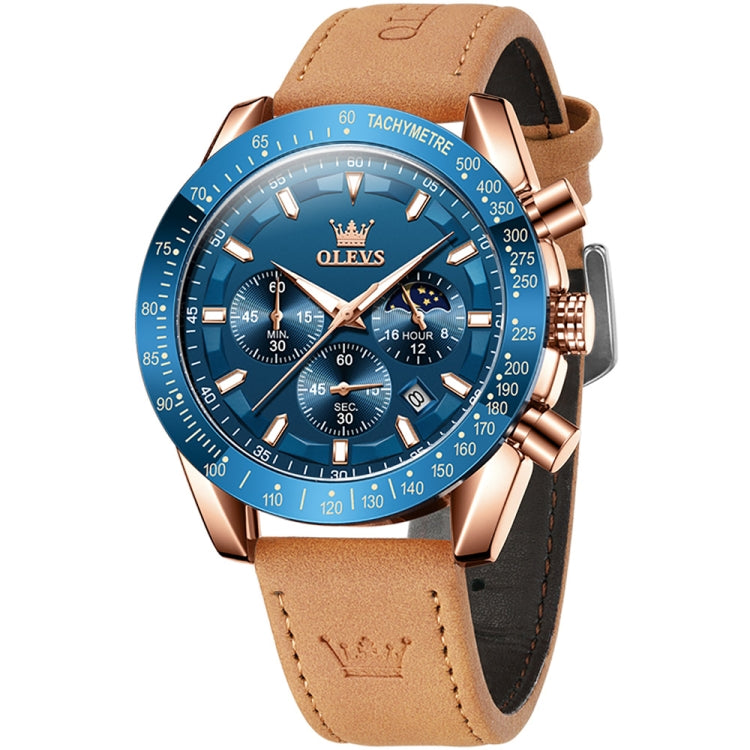 OLEVS 9957 Men Luminous Waterproof Leather Strap Quartz Watch(Blue + Rose Gold) - Leather Strap Watches by OLEVS | Online Shopping South Africa | PMC Jewellery
