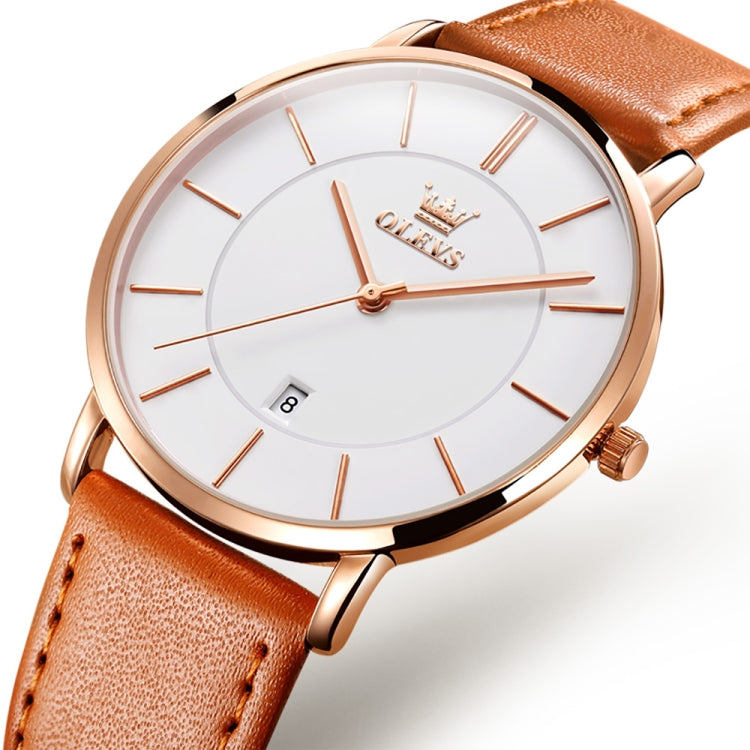 OLEVS 5869 Men Business Waterproof Genuine Leather Strap Quartz Watch(White + Brown) - Leather Strap Watches by OLEVS | Online Shopping South Africa | PMC Jewellery