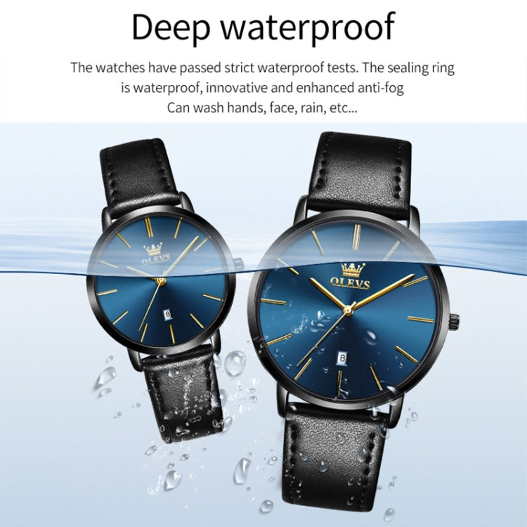 OLEVS 5869 1 Pair Couple Waterproof Genuine Leather Strap Quartz Watch(Blue) - Couple Watches by PMC Jewellery | Online Shopping South Africa | PMC Jewellery