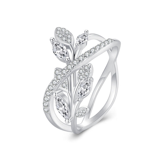 BSR453-8 S925 Sterling Silver White Gold Plated Zircon Luxury Leaf Ring - Rings by PMC Jewellery | Online Shopping South Africa | PMC Jewellery