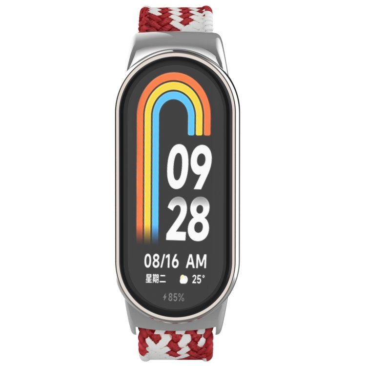 For Xiaomi Mi Band 8 Metal Head + Adjustable Nylon Braided Steel Buckle Watch Band(Red White) - Watch Bands by PMC Jewellery | Online Shopping South Africa | PMC Jewellery