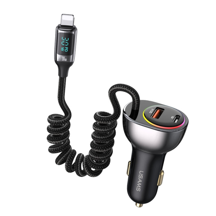 USAMS US-CC193 C37 60W Type-C+USB Dual Port Car Charger with Digital Display 30W 8 Pin Spring Data Cable(Tarnish) - Car Charger by USAMS | Online Shopping South Africa | PMC Jewellery | Buy Now Pay Later Mobicred