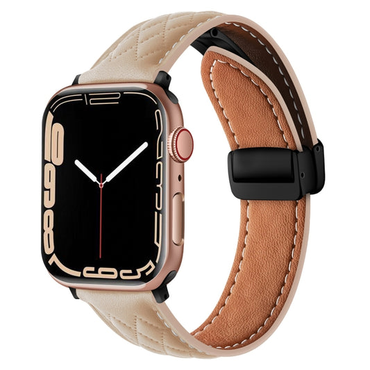 For Apple Watch Ultra 49mm Folding Buckle Rhombus Leather Watch Band(Apricot) - Watch Bands by PMC Jewellery | Online Shopping South Africa | PMC Jewellery