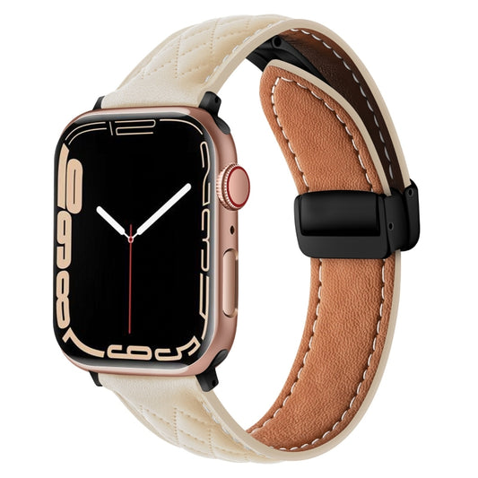 For Apple Watch 8 45mm  Folding Buckle Rhombus Leather Watch Band(Starlight) - Watch Bands by PMC Jewellery | Online Shopping South Africa | PMC Jewellery