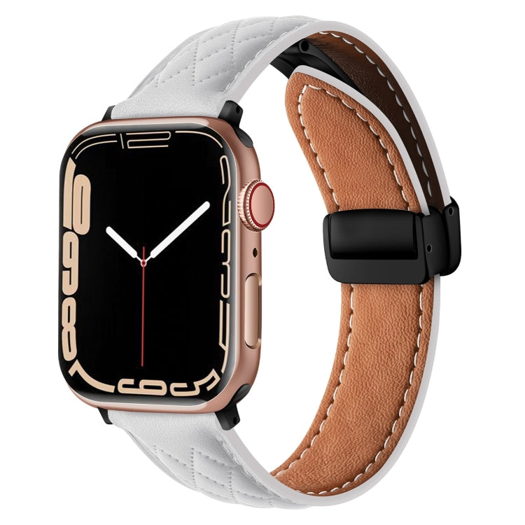 For Apple Watch 7 45mm Folding Buckle Rhombus Leather Watch Band(White) - Watch Bands by PMC TechLife | Online Shopping South Africa | PMC TechLife