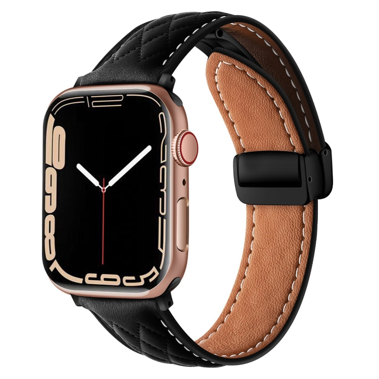 For Apple Watch SE 44mm Folding Buckle Rhombus Leather Watch Band(Black) - Watch Bands by PMC TechLife | Online Shopping South Africa | PMC TechLife
