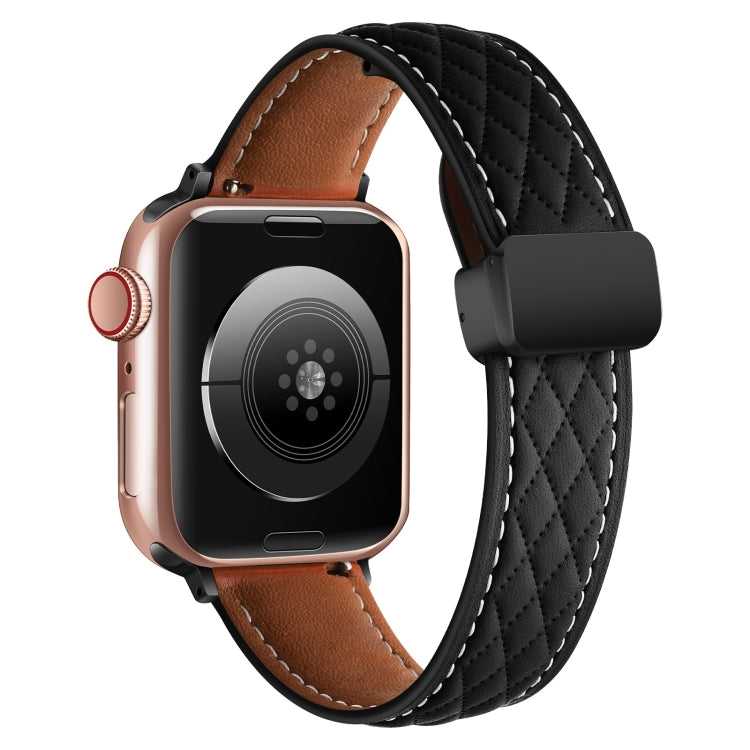 For Apple Watch 42mm Folding Buckle Rhombus Leather Watch Band(Black) - Watch Bands by PMC TechLife | Online Shopping South Africa | PMC TechLife